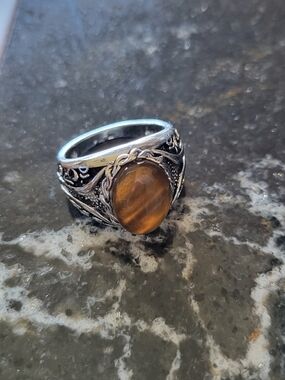 Men's Silver Tiger Eye Signet Ring - Brown Stone